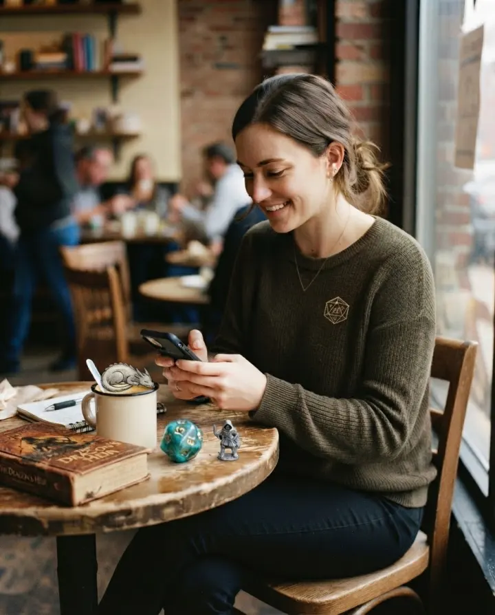 Una ragazza in pausa pranzo al bar risponde alla scena, un d20 e una miniatura accanto alla tazza