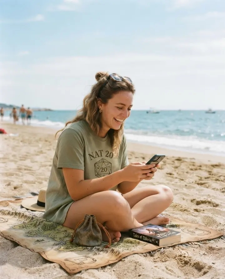 Una ragazza al mare ride leggendo la risposta del master
