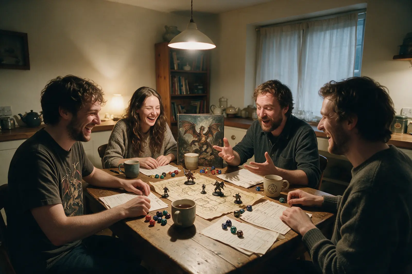 Quattro amici intorno a un tavolo di cucina giocano di ruolo, con lo schermo del master, miniature, dadi e schede